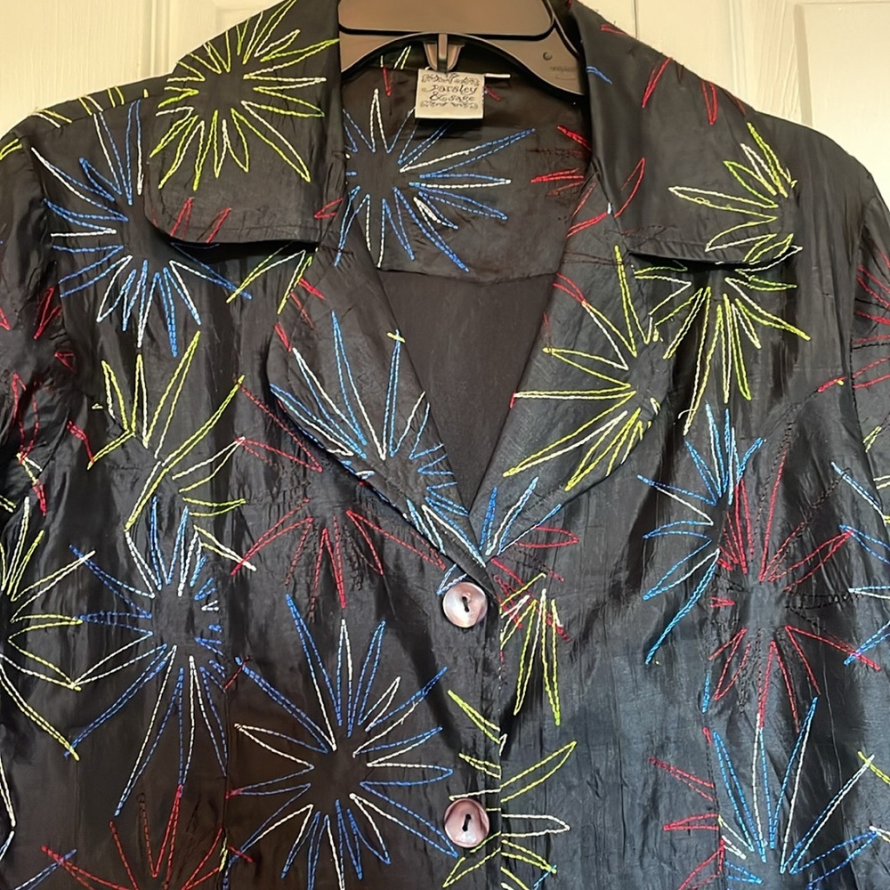 Parsley & Sage silk blazer embroidered bursts vneck colorful neutral Women’s M